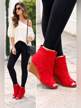 Journee Red Peep-Toe Wedge Booties